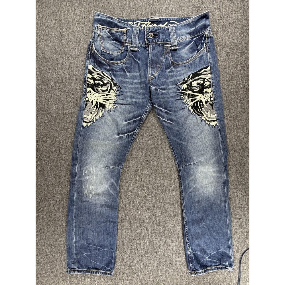 Ed‎ Hardy Jeans Mens 38x34 Blue Tiger Embroidered Patch Whisker Denim Tattoo Y2K